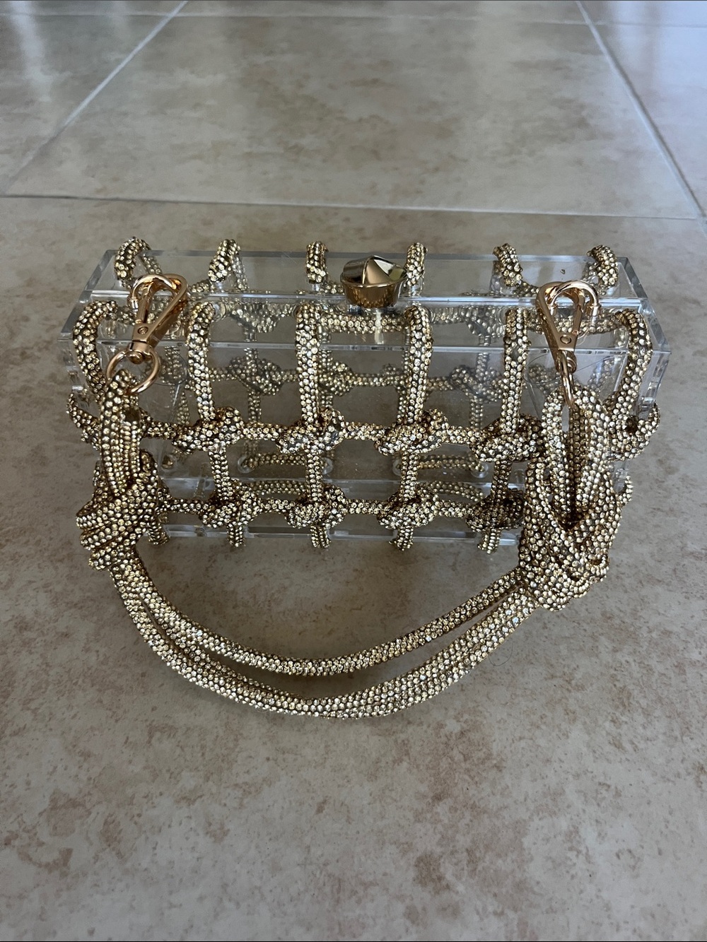 Crystal Box Evening Clutch with Gold Beaded Handle